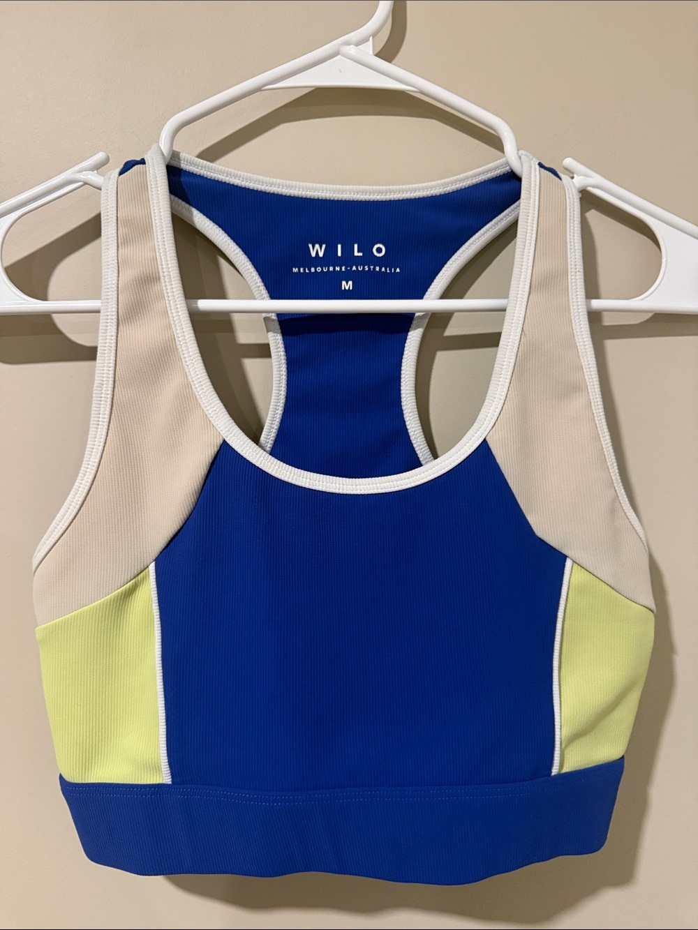 WILO Colorblock Racerback Sports Bra in Blue/Beige/Yellow